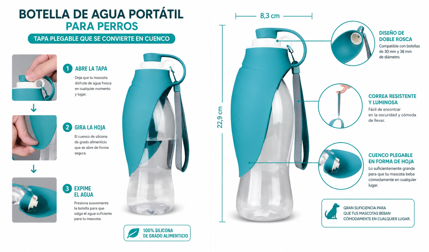 Botella de agua portátil para perros 580ml